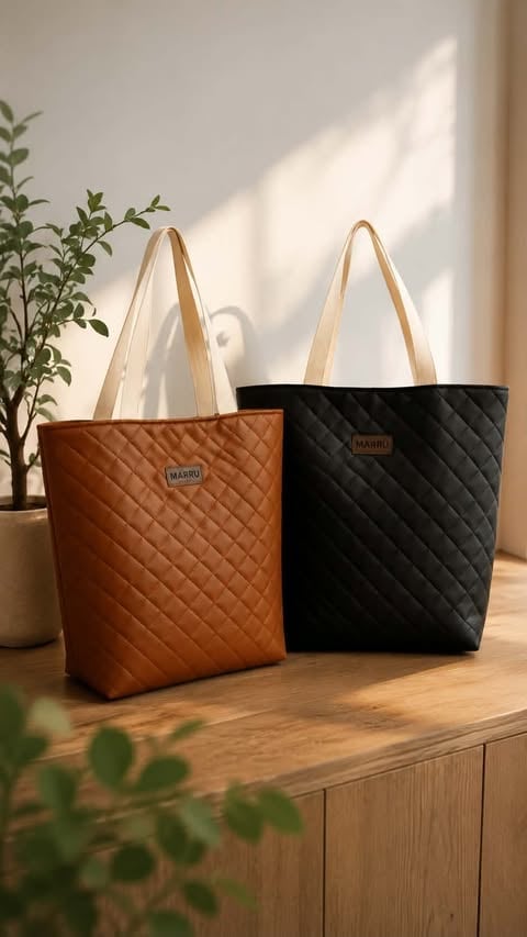 Two quilted leather tote bags in cognac and black with cream handles displayed on a wooden surface with potted plants