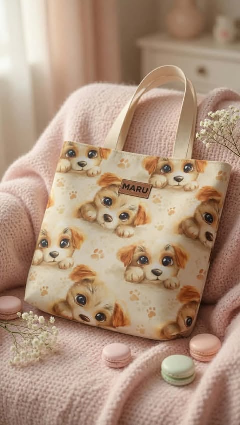Small MARU brand canvas tote bag with cute puppy dog print and paw patterns, held on pink knitted blanket with macarons and babys breath flowers