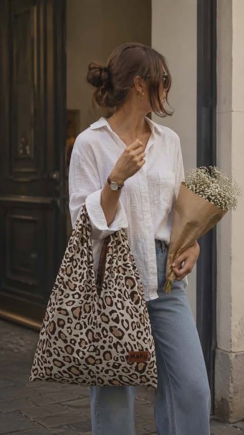 Woman wearing white shirt and leopard print bag holding babys breath flowers on urban street