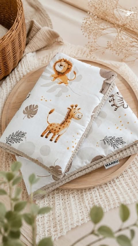 Baby blanket with safari animal prints on neutral background, displayed on wooden tray with decorative items and woven basket