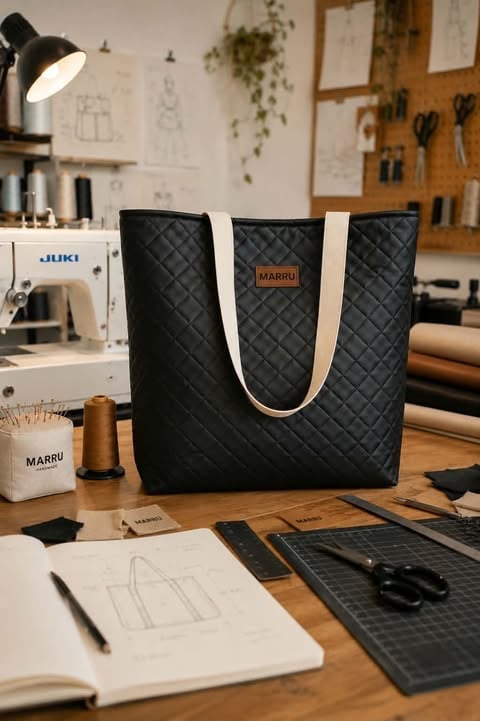 Black quilted tote bag with cream handles displayed on wooden workbench in sewing studio