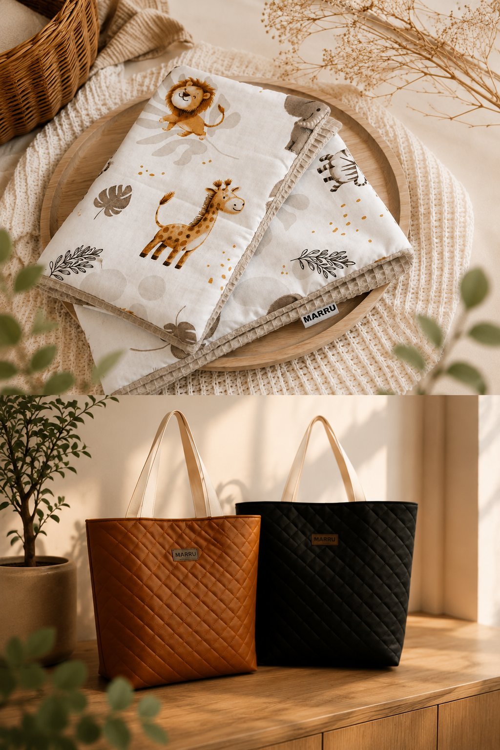 Cozy nursery products display featuring quilted tote bags and animal-patterned baby blankets in warm, natural tones with dried botanicals