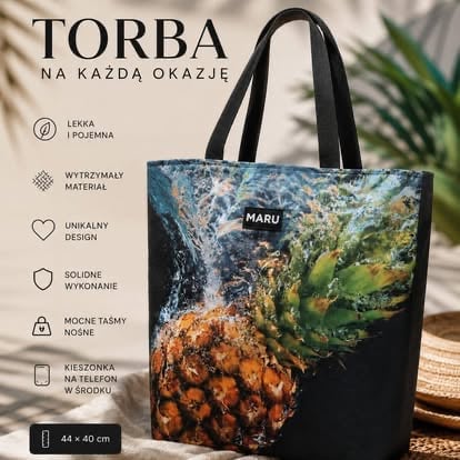 Czarna torba z kolorowym nadrukiem i opisem w języku polskim