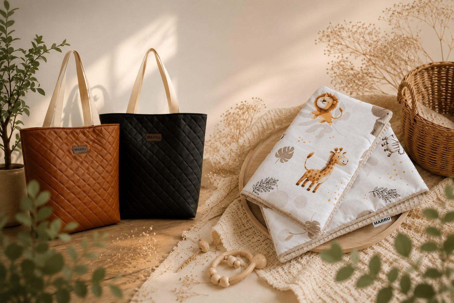 Styled flat lay of quilted tote bags in brown and black, fabric with giraffe print, woven baskets, and dried flowers on neutral background